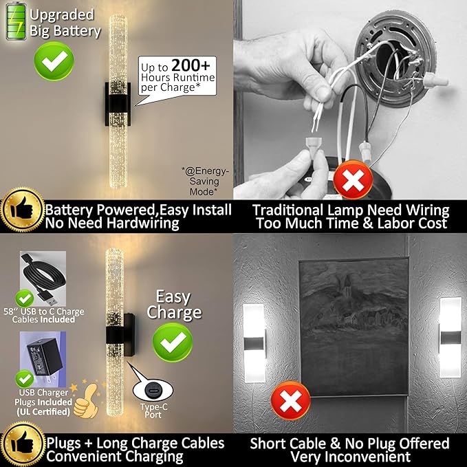 Battery Operated Crystal Wall Lights Rechargeable Set of 2 with Remote | Narrow Base Wireless Bubble Crystal Rod Wall Sconces Vanity Lights for Bathroom Bedroom Living Room (2 Pack, Black, 15.5'')