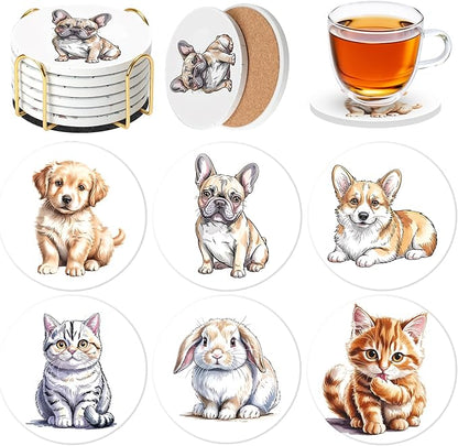 Ceramic Coasters Set of 6 with Holder, Pet Lover Style, Absorbent Drink Coaster Set for Home Decor, Cups, Mugs and Glasses (Ivory Cute Pets)