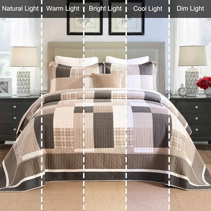 EWlinens 100% Cotton 120"x120" Oversized California King Bedspread - Reversible Patchwork Plaid Extra Large Quilt Bedding Set, King Bedspreads Coverlet Set, Lightweight Cozy Quilts, 3pcs, Brown/Beige
