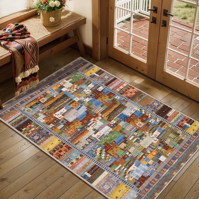 Tangsoo 2x3 Small Rugs for Entryway,Washable Vintage Entry Rug Non Slip, Soft Low Pile Throw Rugs Tribal Front Indoor Rug Small Carpet for Entrance Bedroom Kitchen Laundry Bedside (Yellow Multi)
