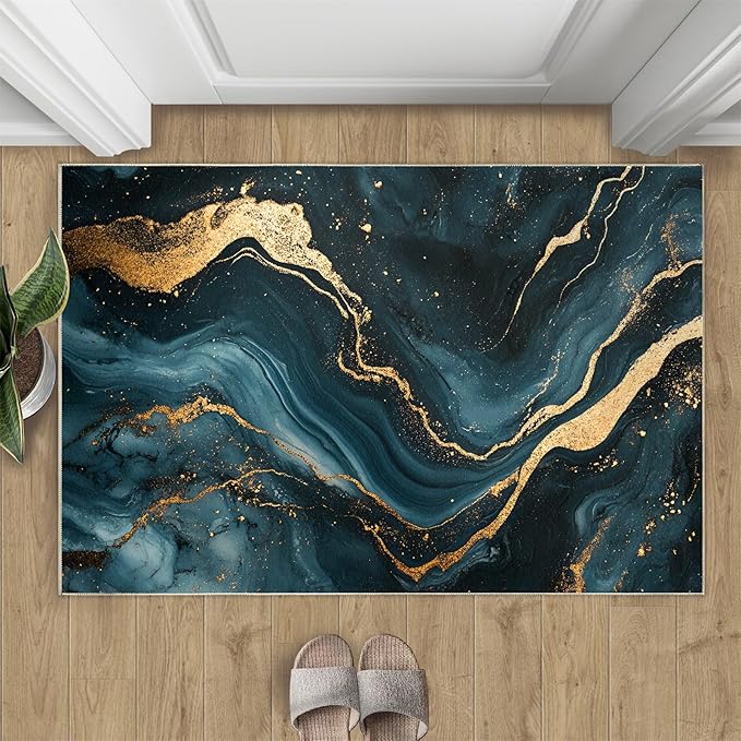 Marble Washable Area Rugs 3x5 Non-Slip Fluid Art Living Room Rug Gold Lines Soft for Carpet Low Pile Indoor Door Mat & Room Decor