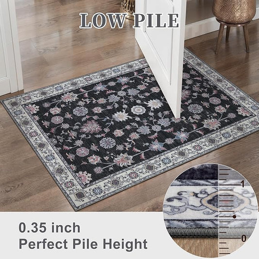 Tangsoo Washable Runner Rug for Hallway Non Slip, 2x6 Boho Floral Vintage Carpet Runner Rugs for Entryway, Floor Low Pile Runners for Kitchen Bathroom Laundry Bedroom Alfombra Black Red Farmhouse