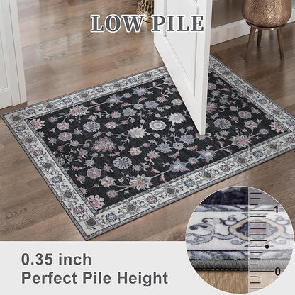 Tangsoo Floral Area Rug 3x5 Machine Washable Rug Non-Slip Vintage Distressed Boho Print, Low Pile Carpet for Living Room, Bedroom, Dining Room, Pet & Child Friendly (Black Red)