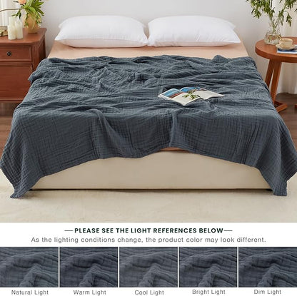 Love's cabin 6 Layer 100% Cotton Muslin Blanket, 90"x90" Muslin Blanket Queen for Couch Bed, Lightweight and Breathable Cotton Gauze for Adult, Dark Grey