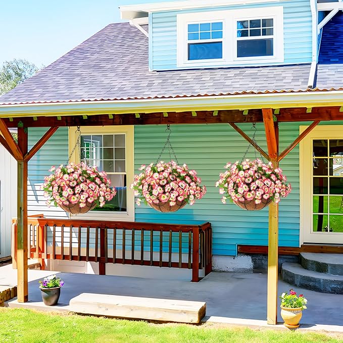 Homsunny Artificial Faux Hanging Flowers Baskets for Outdoor Spring Decoration,Fake Silk Plants for Outside Indoors Porch Patio Home Summer Decor(Pink)