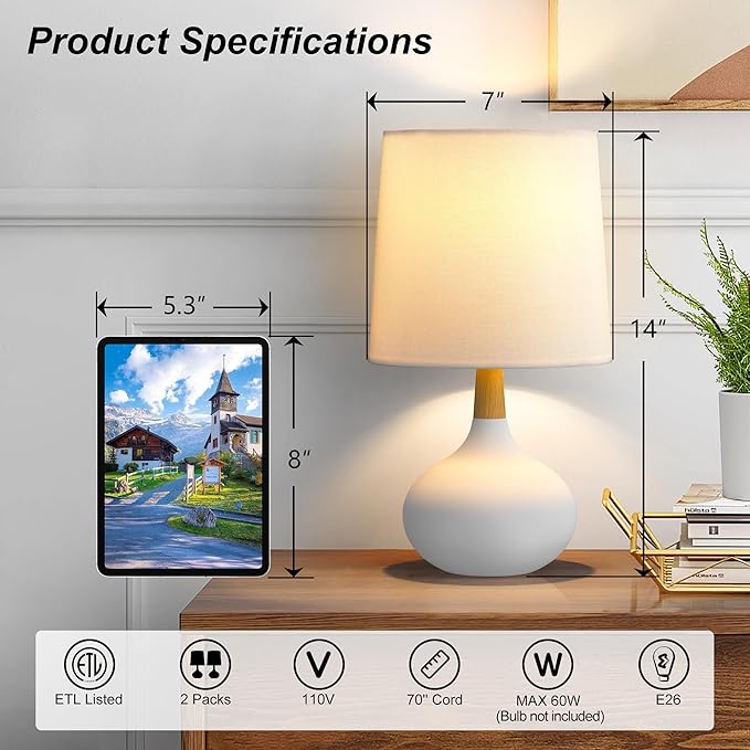 14" Ceramic Table Lamp Set of 2 with Natural Wood Stem & Linen Shade for Bedroom Decor,Modern Farmhouse Small Bedside Lamp for Nightstand, Living Room & Office (White)