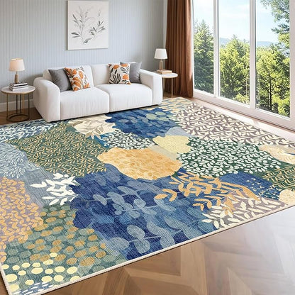 DEXDE 8x10 Area Rug, Soft Washable Abstract Area Rugs Non-Slip Vintage Boho Rug Leaves Floral Print Carpet for Living Room, Bedroom, Entryway, Office, Dining Room, Kids Playroom,Blue