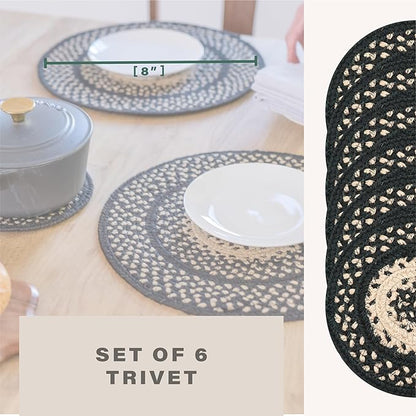 Manchester Jute Braided Kitchen Trivets for Hot Dishes, Country Primitive Decor, Set of 6, Black and Tan 8" Round Heat Resistant Mat - Rich Colors, Easy to Clean, Durable and Protects Furniture