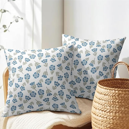 Blue Green Block Print Pillow Covers 20x20 Set of 2 Floral Spring Summer Flower Pattern Decorative Neutral Outdoor Throw Pillowcases Boho Cushion Cover Rustic Decoration Farmhouse Sofa Couch Bed Decor