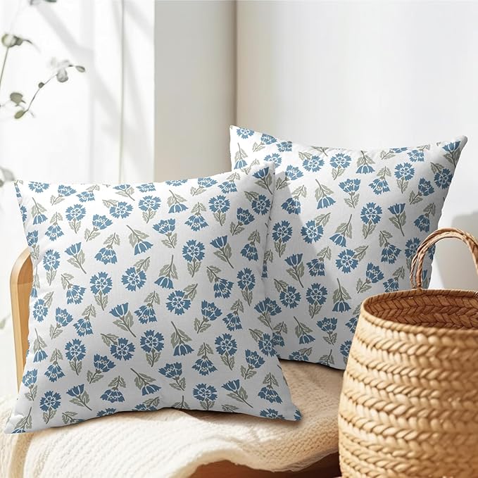 Blue Green Block Print Pillow Covers 16x16 Set of 2 Floral Spring Summer Flower Pattern Decorative Neutral Outdoor Throw Pillowcases Boho Cushion Cover Rustic Decoration Farmhouse Sofa Couch Bed Decor