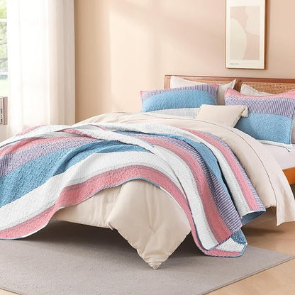 Litanika Twin Quilt Set Purple, Blue and White, 68x86 Stripe Bedspread Coverlet 2 Pieces, Pink Lightweight Quilted Bedding Set for All Season(Twin-1 Quilt, 1 Pillowcase)