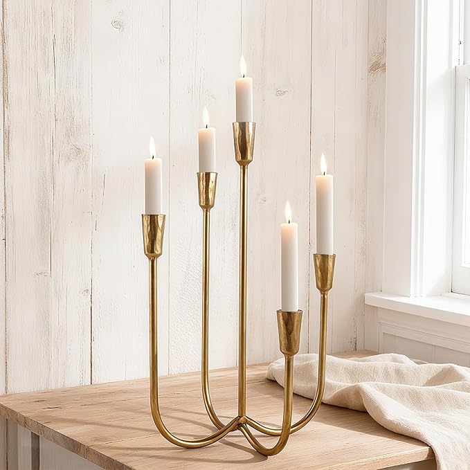 Cast Iron Candelabra 5-Taper Candle Holders, Golden Metal Candlestick Holders Tabletop Candles Stand, Decorative Table Centerpieces Mantel Decor, Antique Brass