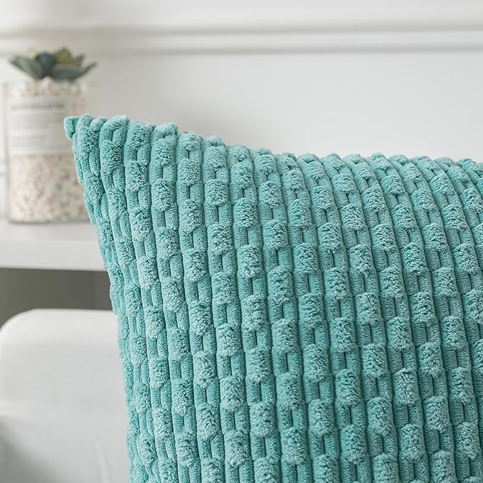 Kevin Textile 12x24 Inch Pillow Cover 1 Pack Boho Decorative Soft Striped Corduroy Lumbar Farmhouse Color Accent Rectangle Cushion Case for Living Room Couch Sofa Bed, Aqua Green