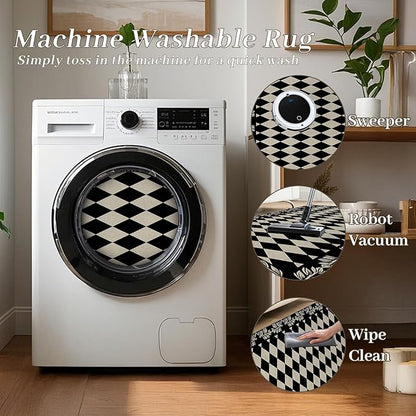 Modern Black White Checkered Pattern Runner Rug, 3.3x7ft, Abstract Neutral Farmhouse Decor Rugs for Living Room, Non-Shedding Low Pile Soft Foldable Carpet for Family Kitchen