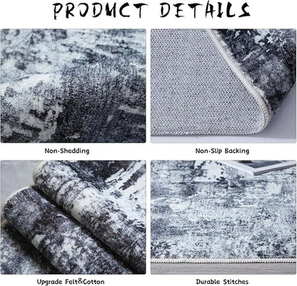 Rugcomf 9x12 Washable Boho Rug - Soft, Non-Slip, Non-Shedding Faux Wool Vintage Rug for Living Room, Dining Room, Kids Playroom, Indoor - Grey and Black