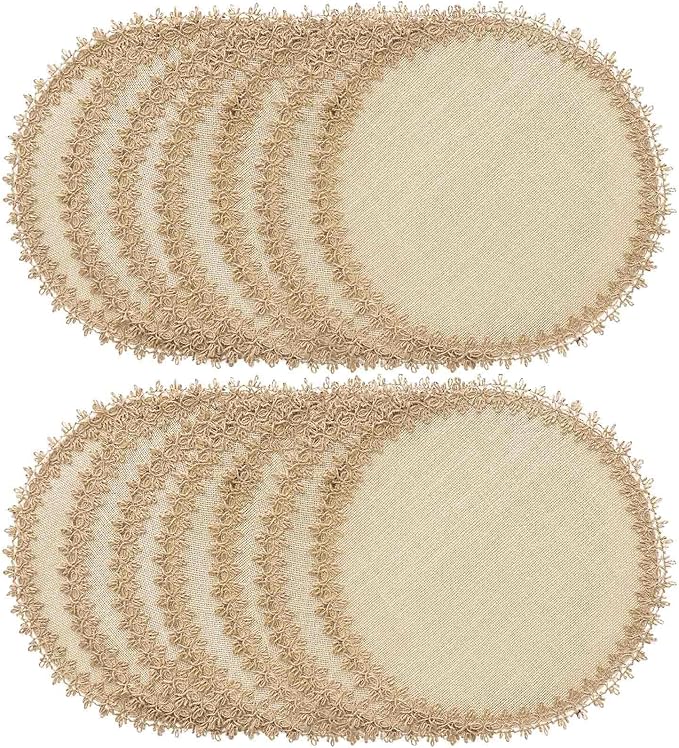FunWheat Burlap Round Braided Placemats Set of 12 for Dining Tables 15 Inch Heat Resistant Jute Table Mats Farmhouse Woven Fabric Natural Place mats for Fall Decoration(Jute Lace)