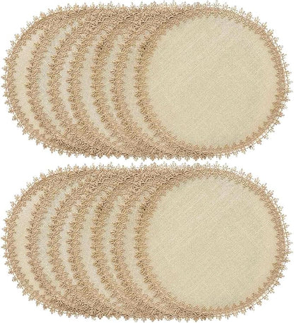FunWheat Burlap Round Braided Placemats Set of 12 for Dining Tables 15 Inch Heat Resistant Jute Table Mats Farmhouse Woven Fabric Natural Place mats for Fall Decoration(Jute Lace)