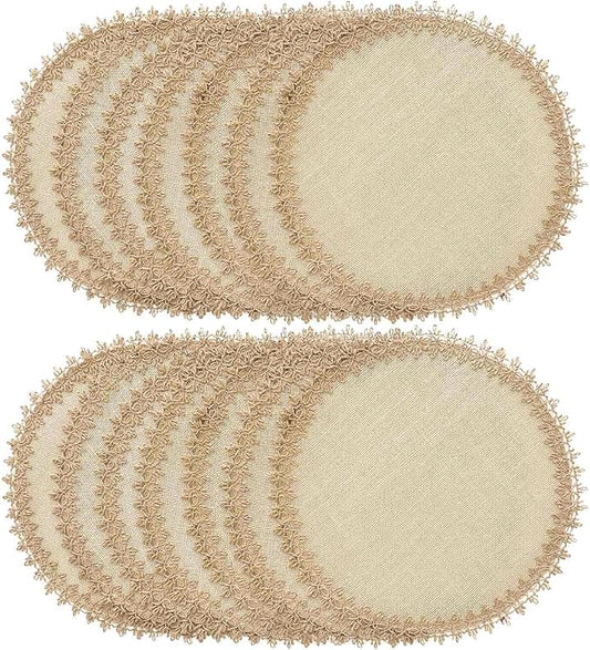 FunWheat Burlap Round Braided Placemats Set of 12 for Dining Tables 15 Inch Heat Resistant Jute Table Mats Farmhouse Woven Fabric Natural Place mats for Fall Decoration(Jute Lace)