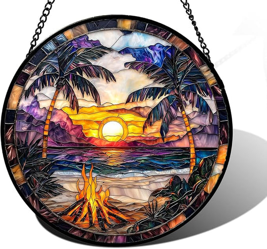 DASTOLL Stained Glass Window Hanging,Bonfire Beach Landscape Suncatcher Diamond Glass Panel Sun Catchers Decor for Birthday for Women, Men, Wife, Aunt, and Mom 11.8x11.8 in