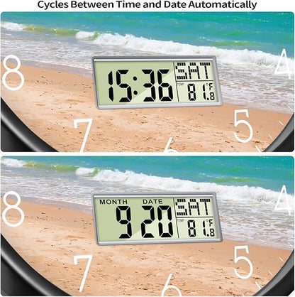 Modern Wall Clocks with Calendar and Date Ocean Wave Sea Beach Digital Clock Large Display Non-ticking Kitchen Silent Clock With Day and Temperature for Elderly Farmhouse Living Room Bathroom 14 Inch