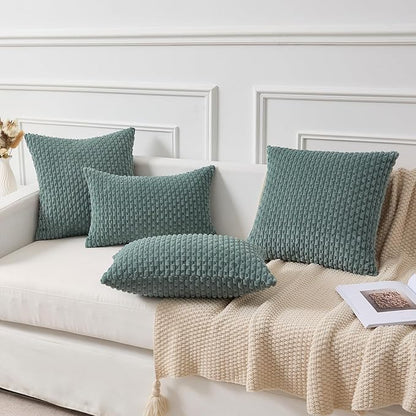 Kevin Textile Decorative Pillow Covers Set of 2 Striped Plush Corduroy Pillows Pillowcases Boho Home Decor Cushion Covers for Couch Sofa Bed Living Room 24x24 Inch, Teal Green