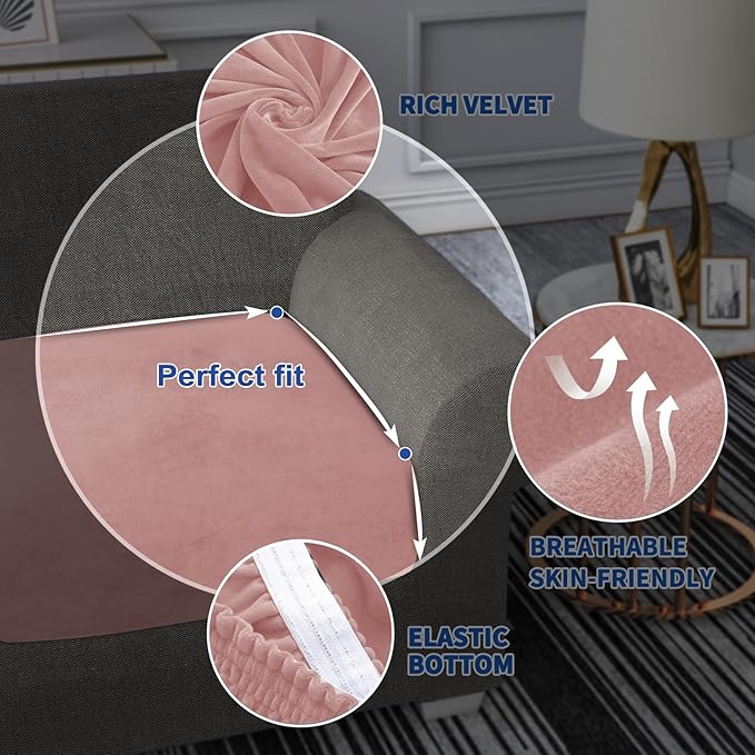 MAXIJIN Velvet Stretch Seat Cushion Covers Couch Cushion Cover for Individual Cushions Sofa Seat Cushion Slipcovers with Elastic Bottom (3 Piece XL Sofa Cushion Covers, Dusty Pink)