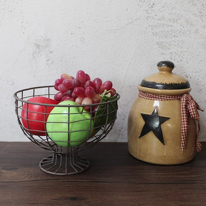 CVHOMEDECO. Metal Wire Round Egg Basket with Pedestal Counter Top Fruit Bowl Storage for Kitchen Home. Rusty
