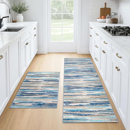 Modern Abstract Kitchen Rug Set of 2, 2x3 and 2x6 Blue Washable Rug Runner Non Slip Kitchen Mat, Soft Faux Wool Throw Carpet for Entryway, Hallway, Bedroom, Bedside, Laundry Room, Office