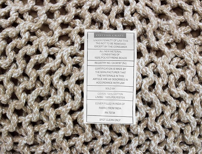 COTTON CRAFT Round Pouf - Hand Knitted Tweed Cable Dori Pouf - Cotton Braid Cord Foot Stool Footrest Ottoman Accent Seat Furniture Bean Bag - Family Room Kids Nursery Dorm - 20x14 - Natural