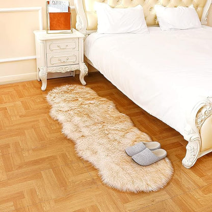 Faux Fur Rug Runner 2x6 ft White Yellow - Machine Washable Super Soft Plush Shaggy Fluffy Area Carpet,Sheepskin Rug Fuzzy Floor Mat for Bedroom, Sofa,Living Room, Bedside, Nursery & Kids Room