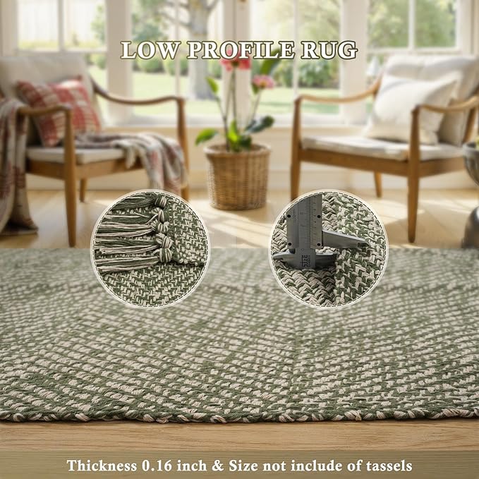 Collive 2' x 3' Small Entryway Rug, Washable Hand-Woven Kitchen Rug with Tassels, Natural/Green Farmhouse Low Profile Throw Rug Reversible Front Door Rug for Bedroom Bathroom Home Décor