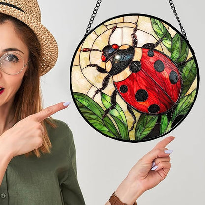 Stained Glass Window Hanging - Red Seven-Spotted Ladybug Sun Catcher for Door Home Decor Insect Suncatcher Christmas Mother's Day Birthday Gifts for Women Men Mom Nana 11.8 in