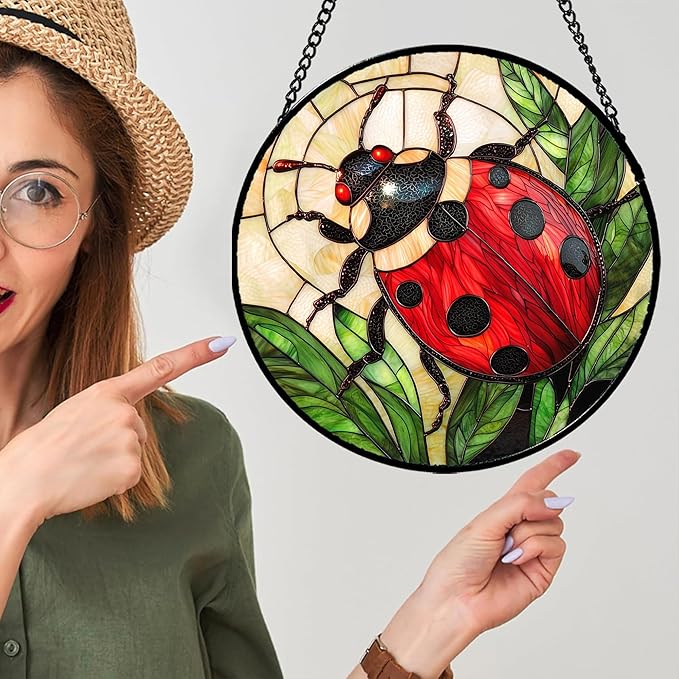 Stained Glass Window Hanging - Red Seven-Spotted Ladybug Sun Catcher for Door Home Decor Insect Suncatcher Christmas Mother's Day Birthday Gifts for Women Men Mom Nana 6.3 in