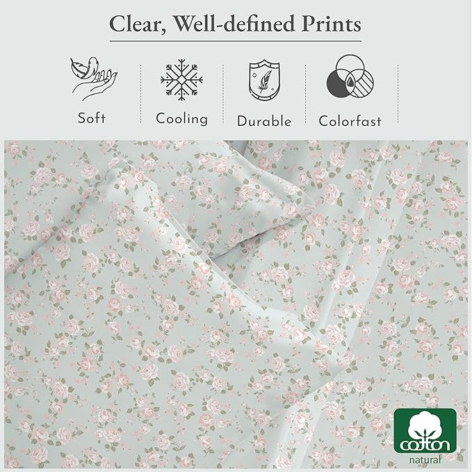 California Design Den Rose Sheet Set Twin XL, 100% Cotton Deep Pocket Twin XL Sheets & Pillowcase Set, Soft Sateen Weave - Vintage Rose