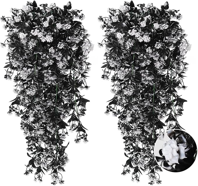 RECUTMS Realistic Artificial Black Hanging Plants Pack of 2 Faux Black Hanging Plant Outdoor Indoor with Lights LED Fairy String Rose Fake Hanging Flwers Decor for Office House (Black and White)