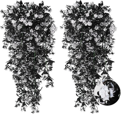 RECUTMS Realistic Artificial Black Hanging Plants Pack of 2 Faux Black Hanging Plant Outdoor Indoor with Lights LED Fairy String Rose Fake Hanging Flwers Decor for Office House (Black and White)