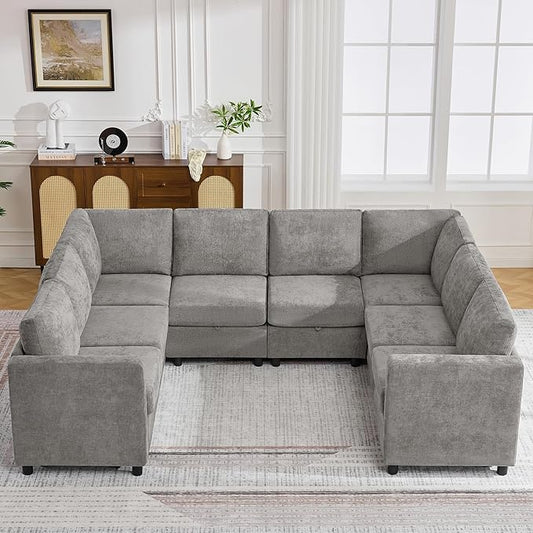 104'' U Shaped Modular Sofa, Sectional Couches with Storage for Living Room, Oversized 8 Seater Cloud Sectional Couch, Chenille Grey
