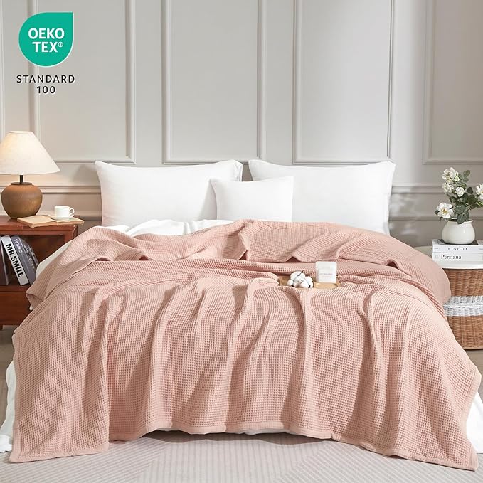 PHF 100% Cotton Waffle & Muslin Blanket Queen Size, Soft Breathable Luxury 400GSM Versatile Reversible Bedding for Bed, Great for Layering in Cold Weather, Home Decor Gift, 90" x 90", Rose Smoke