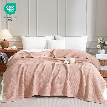 PHF 100% Cotton Waffle & Muslin Blanket Twin Size, Soft Breathable Luxury 400GSM Versatile Reversible Bedding for Bed, Great for Layering in Cold Weather, Home Decor Gift, 66" x 90", Rose Smoke