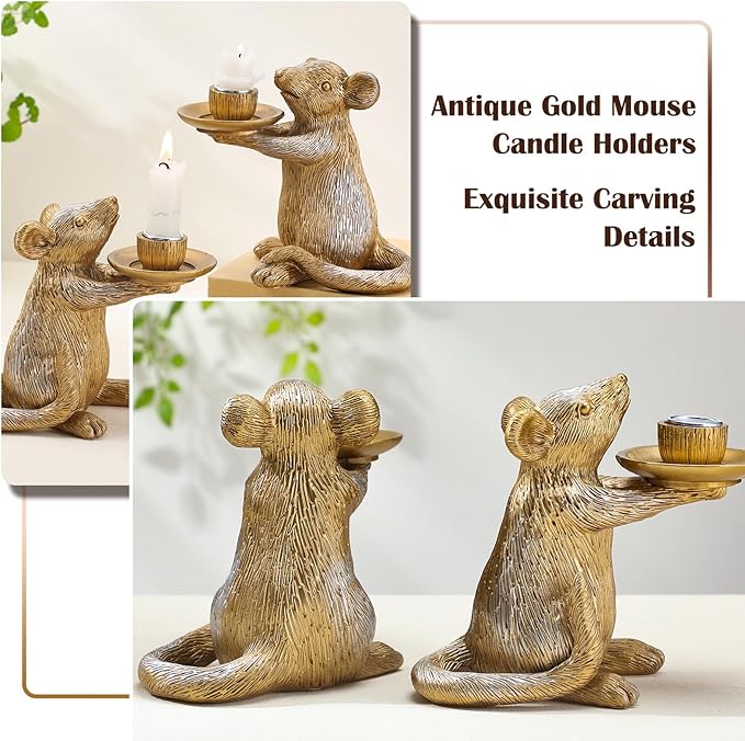 Mumufy Set of 2 Gold Antique Mouse Candle Holders Resin Candlestick Holder Table Decor for Living Room, Dinner, Fireplace Mantle, Christmas Decoration Vintage Decorative Table Centerpiece, Home Party