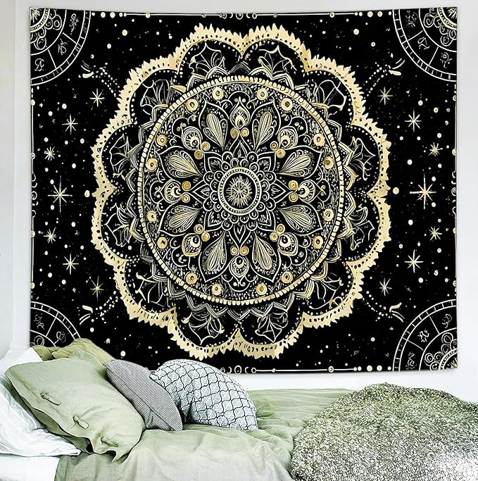 Delur Black and Gold Mandala Tapestry Astrology Space Hippie Bohemian Floral Medallion Tapestry Wall Hanging Aesthetic Indian Psychedelic Headboard for Bedroom Living Room Home Decor (59.1" x 78.7")