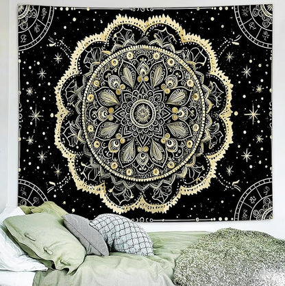 Delur Black and Gold Mandala Tapestry Astrology Space Hippie Bohemian Floral Medallion Tapestry Wall Hanging Aesthetic Indian Psychedelic Headboard for Bedroom Living Room Home Decor (51.2" x 59.1")