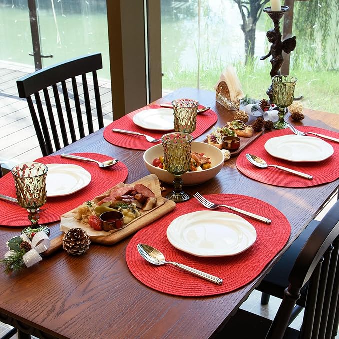 Noctiflorous Oval Braided Placemats Set of 4 Woven 12x18 Inch Non Slip Washable Heat Resistant Place Mats Round Tablemats for Dining Kitchen Party Daily Table Decor Dinner Mats (Red Shine, 4)