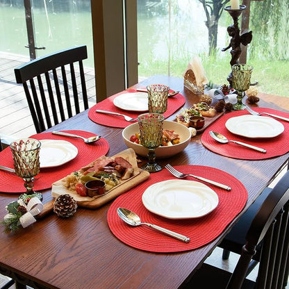 Noctiflorous Oval Braided Placemats Set of 4 Woven 12x18 Inch Non Slip Washable Heat Resistant Place Mats Round Tablemats for Dining Kitchen Party Daily Table Decor Dinner Mats (Red Shine, 4)