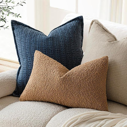 Foindtower Textured Boucle Throw Pillow Covers Accent Solid Lumbar Pillow Cases Cozy Soft Decorative Couch Cushion Case for Chair Sofa Bedroom Living Room Home Decor, 12 x 20 Inch,Tobacco