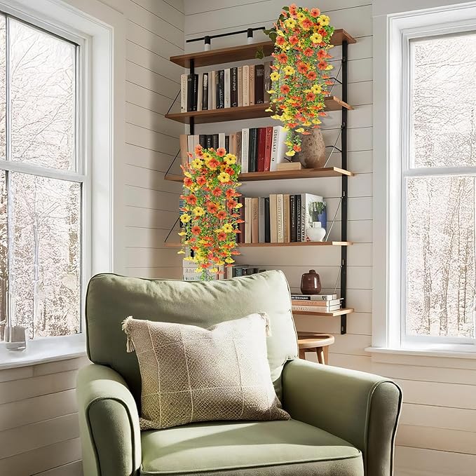 2PCS Artificial Hanging Fall Flowers for Outdoors Decorations, Orange Yellow Realistic Silk Daisy with Eucalyptus, UV Resistant Faux Mums for Home Decor Patio Garden Planters Yard Balcony