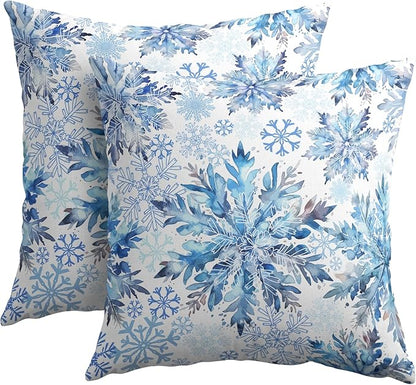 Christmas Pillow Covers 16x16 Set of 2 Decorations Blue White Snowflakes Throw Pillow Covers Decorative Vintage Winter Pillow Case Farmhouse Rustic Pillowcases Cozy Soft for Sofa Bed Chair Home Decor