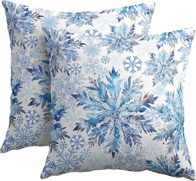 Christmas Pillow Covers 22x22 Set of 2 Decorations Blue White Snowflakes Throw Pillow Covers Decorative Vintage Winter Pillow Case Farmhouse Rustic Pillowcases Cozy Soft for Sofa Bed Chair Home Decor