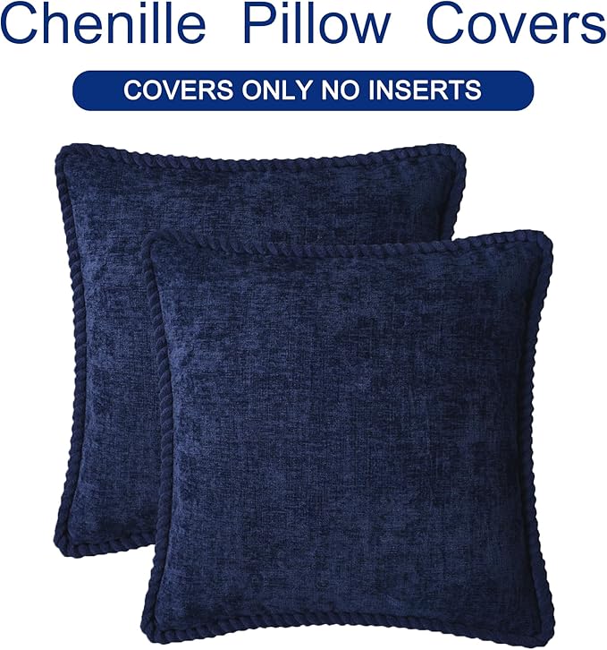 CaliTime Decorative Couch Throw Pillow Covers 20 X 20 Inches Pack of 2 Cozy Chenille Piping Edge Cushion Cases for Sofa Bed Living Room Home Navy Blue
