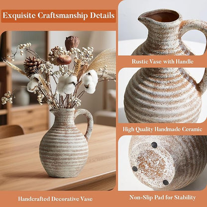 Ceramic Flower Vase Rustic Terracotta Vase with Handles Neutral Clay Pitcher Antique Vase for Home Decor,8 Inch Farmhouse Boho Vases for Living Room,Dining Table,Enterway,Shelf,Fireplace
